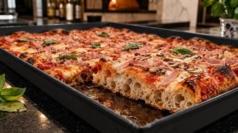 Pizza in teglia Prosciutto e Funghi